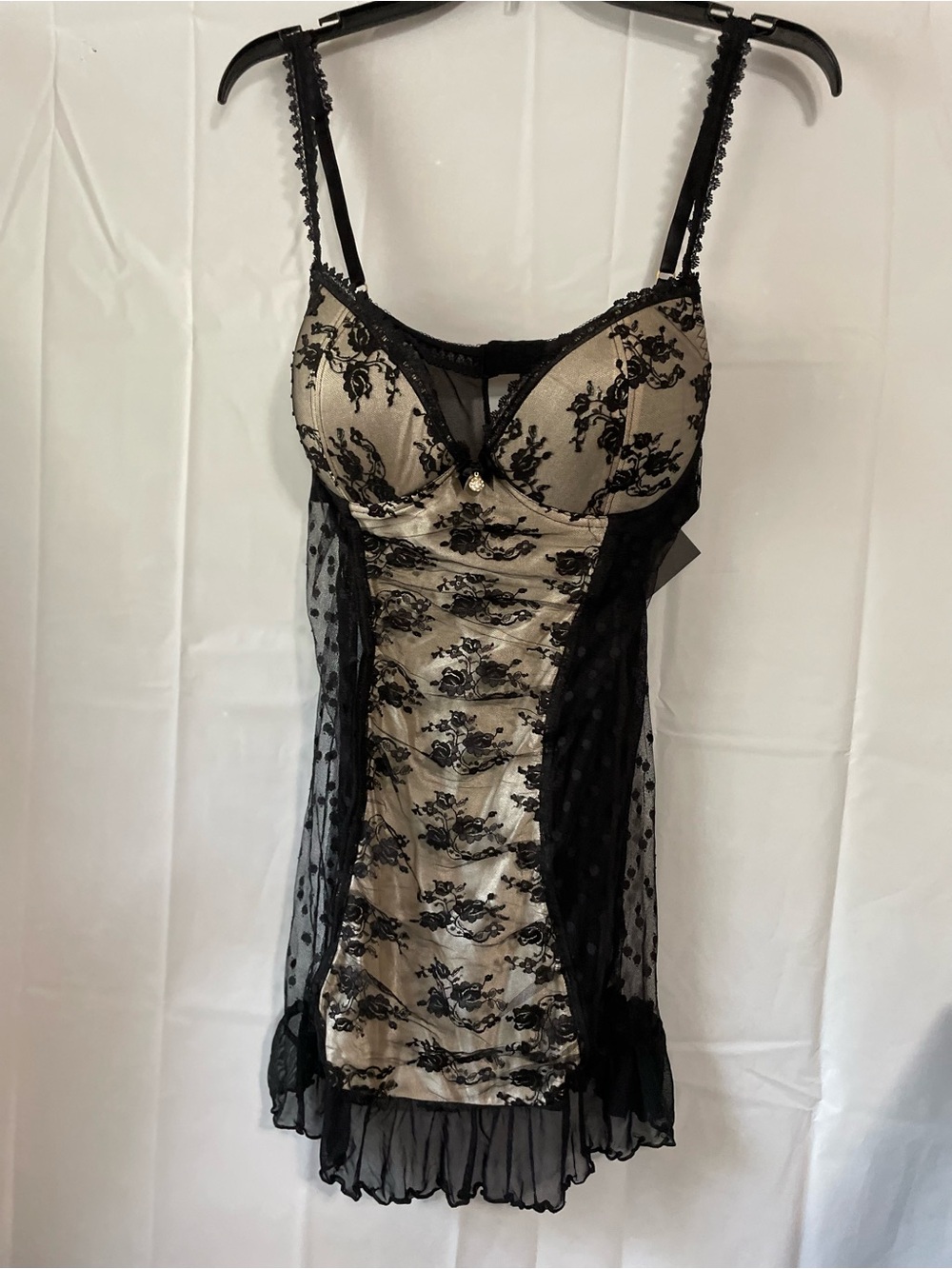 Black Lace-Overlay Chemise with Cream Satin Base